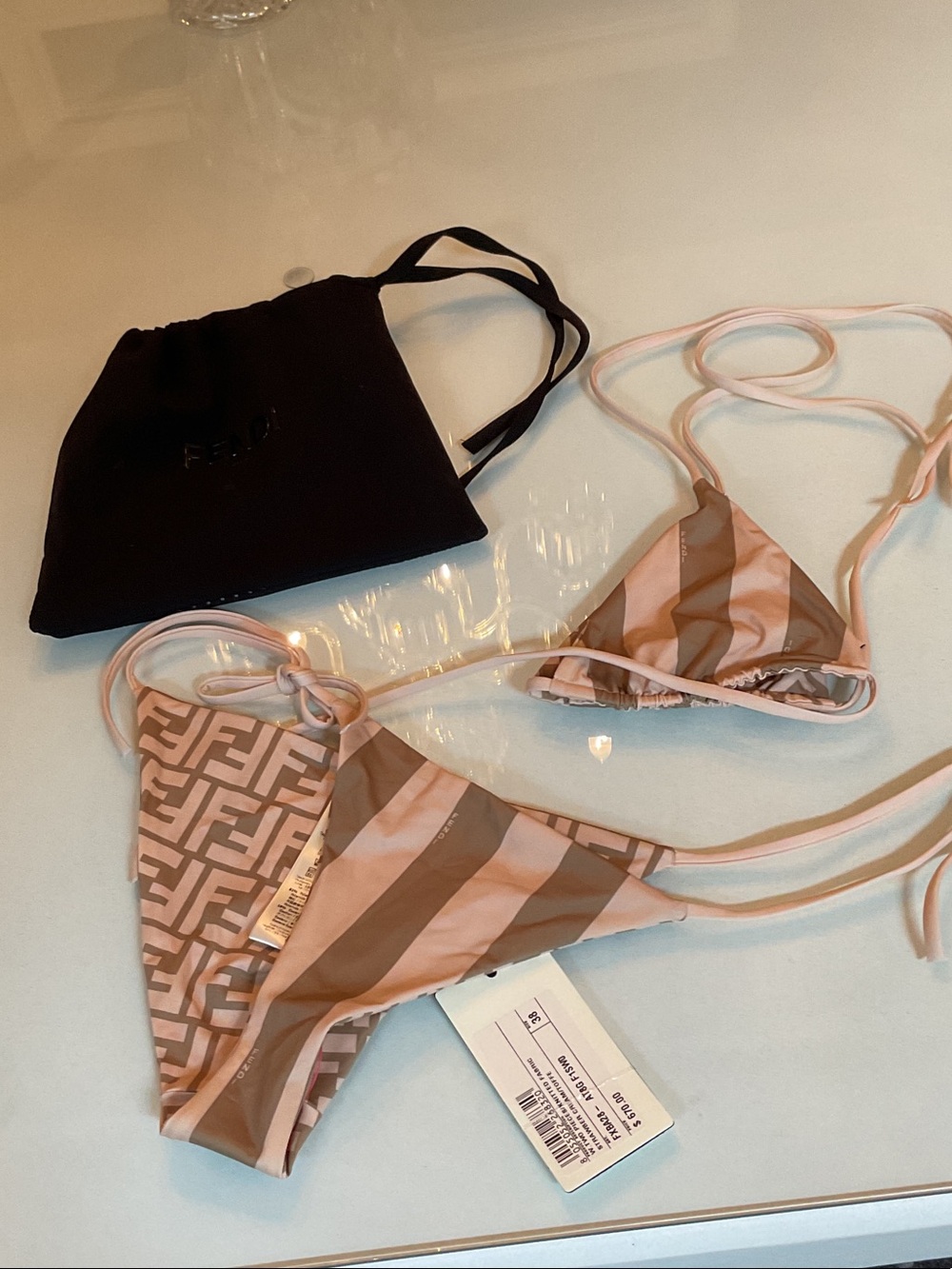 Fendi Pink & Taupe Striped Triangle Bikini Set size 38  NWT AUTHENTIC